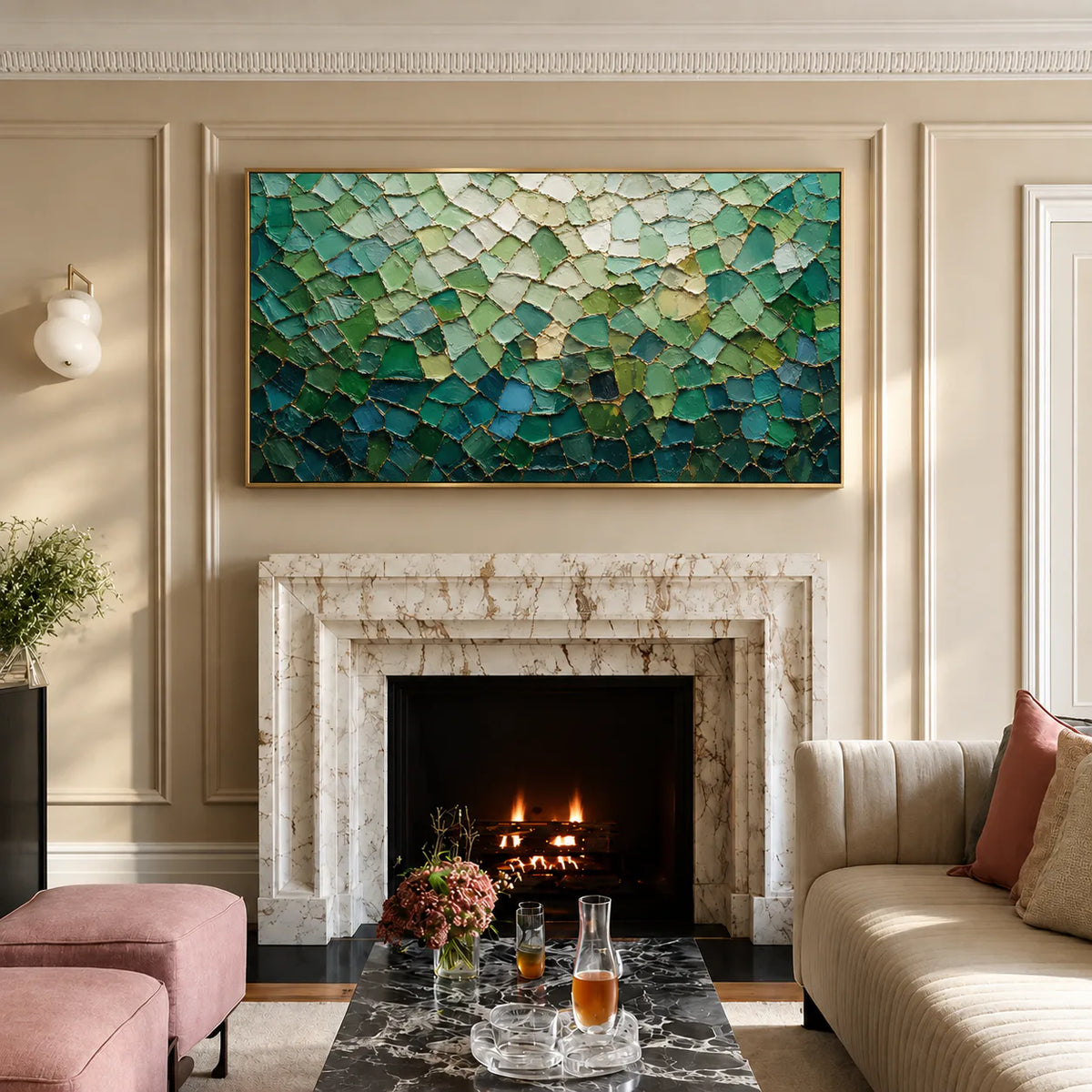 Emerald Mosaic with a Pale Green Glow Wall Art styled interior scene 2 | Olyrel