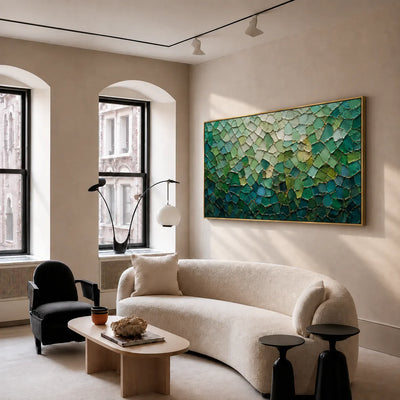 Emerald Mosaic with a Pale Green Glow Wall Art styled interior scene 5 | Olyrel