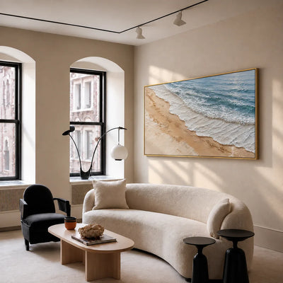 Foamy Surf Along a Golden Sand Shore Wall Art styled interior scene 3 | Olyrel