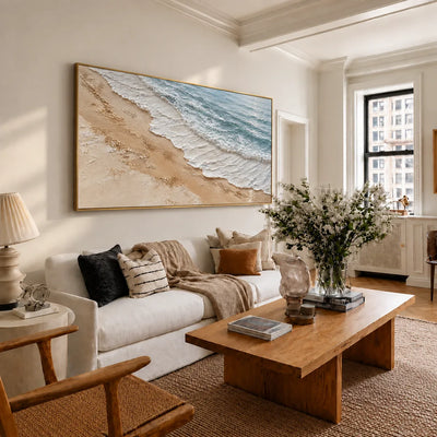 Foamy Surf Along a Golden Sand Shore Wall Art styled interior scene 4 | Olyrel