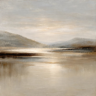 Quiet Mountain Lake with a Pale Golden Glow Wall Art artwork view | Olyrel