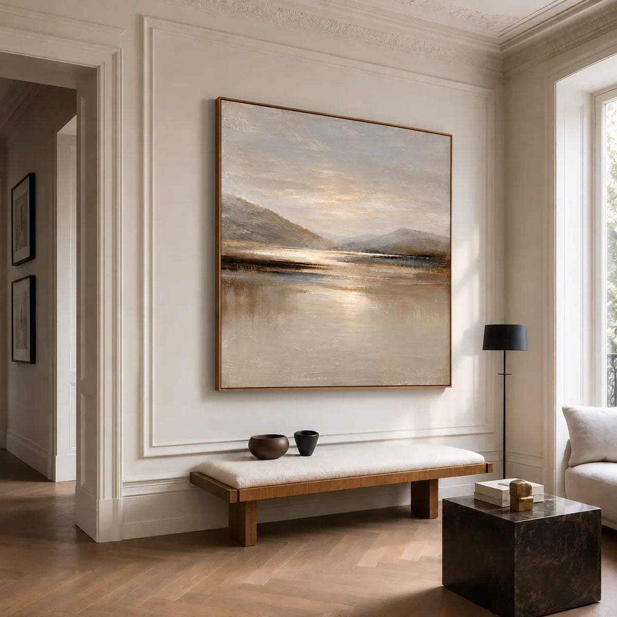 Quiet Mountain Lake with a Pale Golden Glow Wall Art styled interior scene 3 | Olyrel