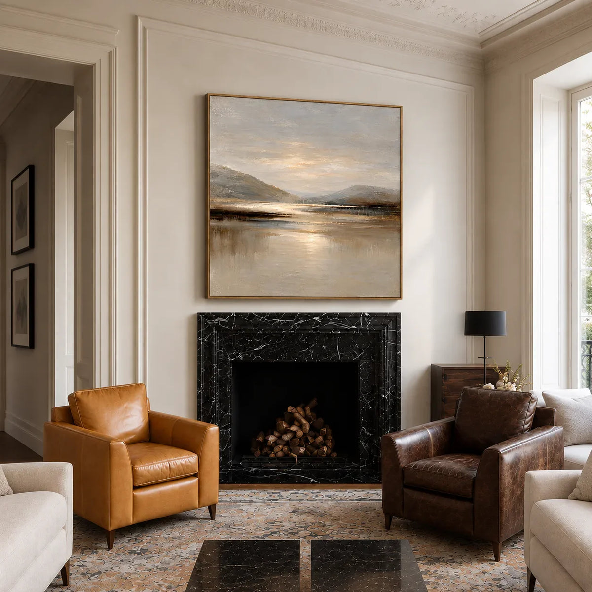 Quiet Mountain Lake with a Pale Golden Glow Wall Art styled interior scene 4 | Olyrel