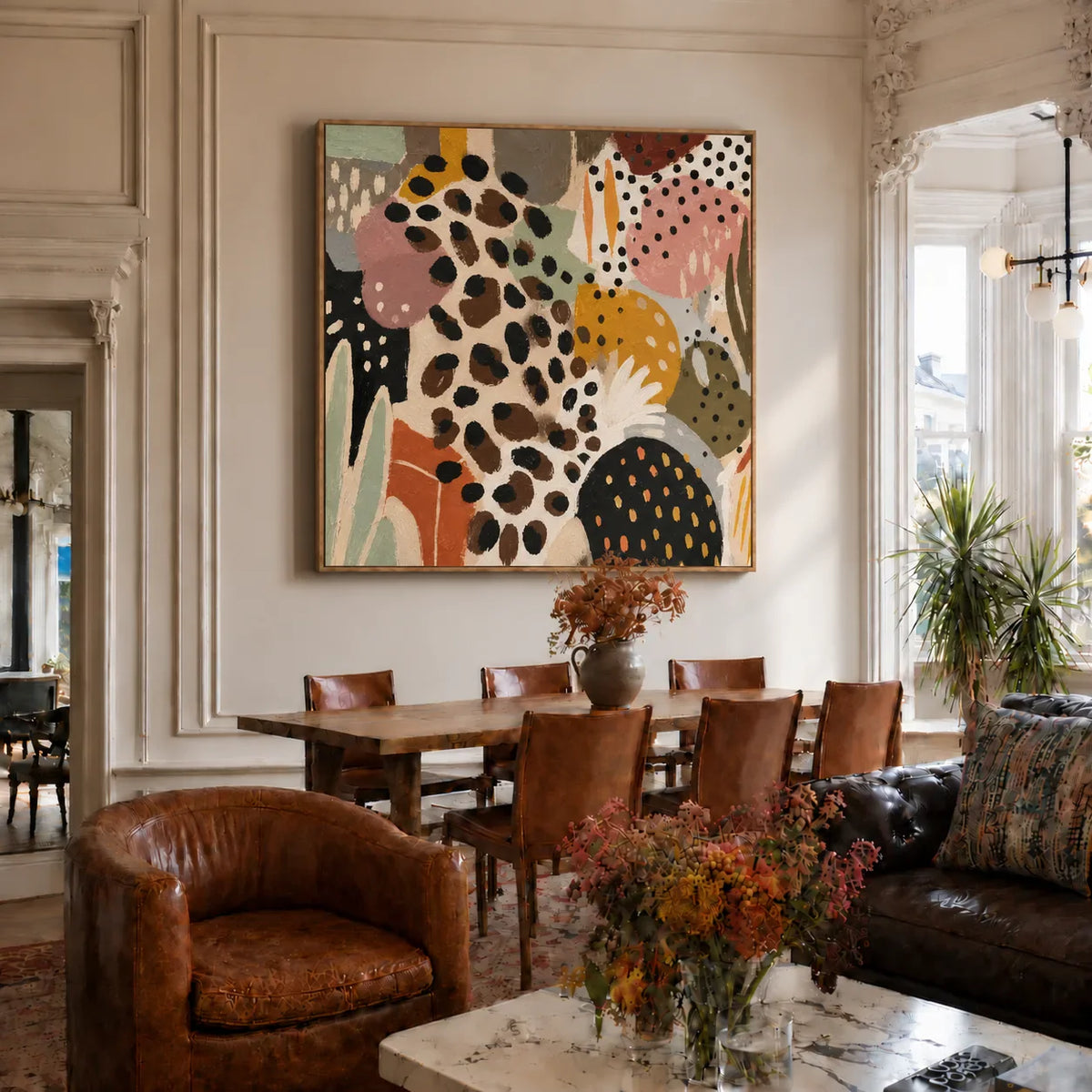 Leopard Spots and Colorful Organic Shapes Wall Art styled interior scene 1 | Olyrel