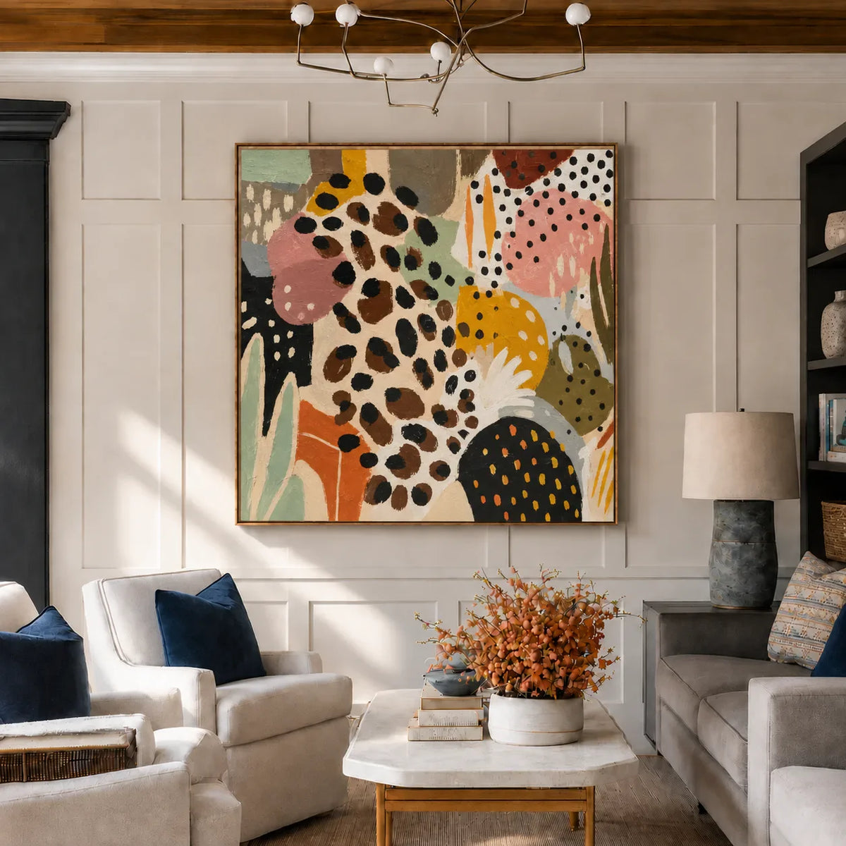 Leopard Spots and Colorful Organic Shapes Wall Art styled interior scene 4 | Olyrel