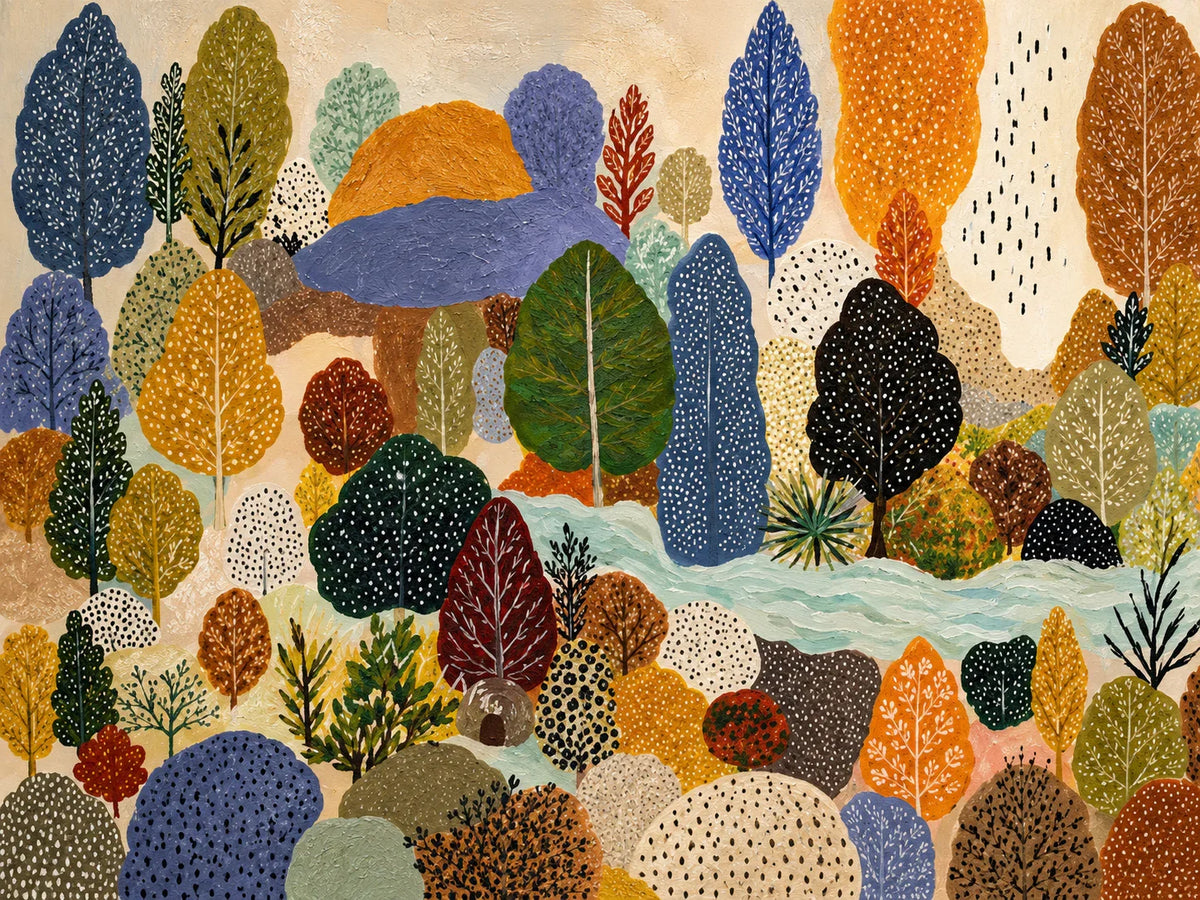 Dotted Woodland in Blue and Autumn Gold Wall Art artwork view | Olyrel