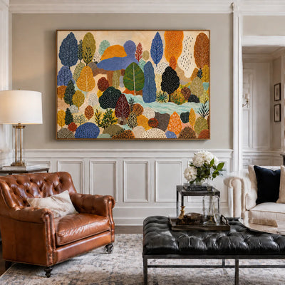 Dotted Woodland in Blue and Autumn Gold Wall Art styled interior scene 2 | Olyrel