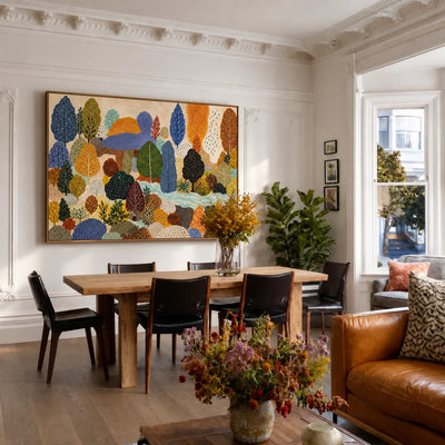 Dotted Woodland in Blue and Autumn Gold Wall Art styled interior scene 3 | Olyrel