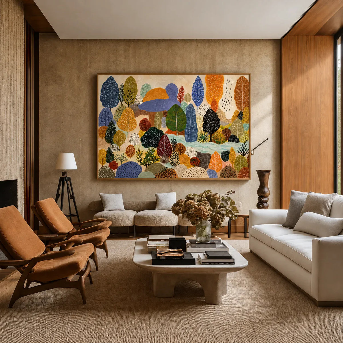 Dotted Woodland in Blue and Autumn Gold Wall Art styled interior scene 4 | Olyrel