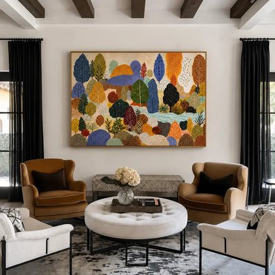 Dotted Woodland in Blue and Autumn Gold Wall Art styled interior scene 5 | Olyrel