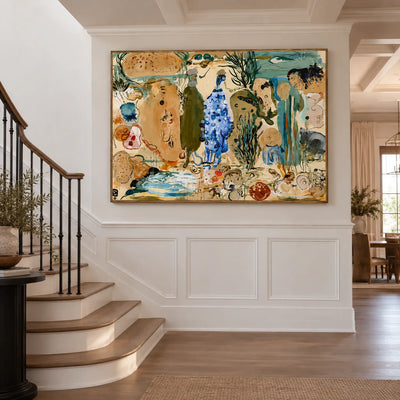Cobalt Forms in an Ochre Fantasy Garden Wall Art styled interior scene 1 | Olyrel