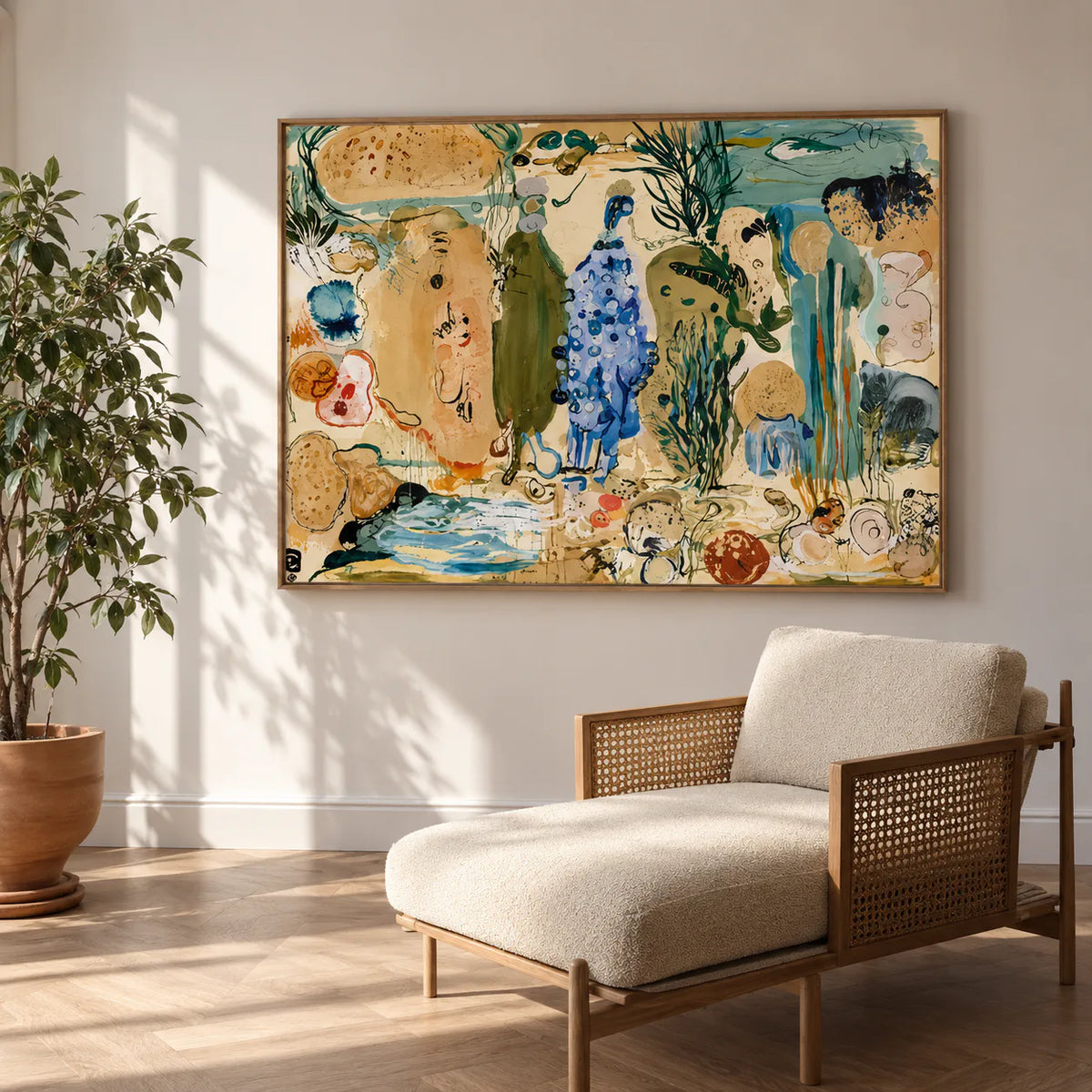 Cobalt Forms in an Ochre Fantasy Garden Wall Art styled interior scene 3 | Olyrel
