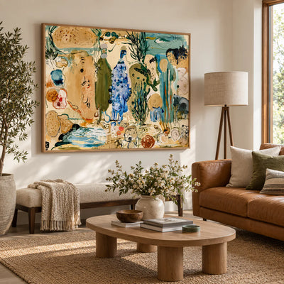 Cobalt Forms in an Ochre Fantasy Garden Wall Art styled interior scene 4 | Olyrel
