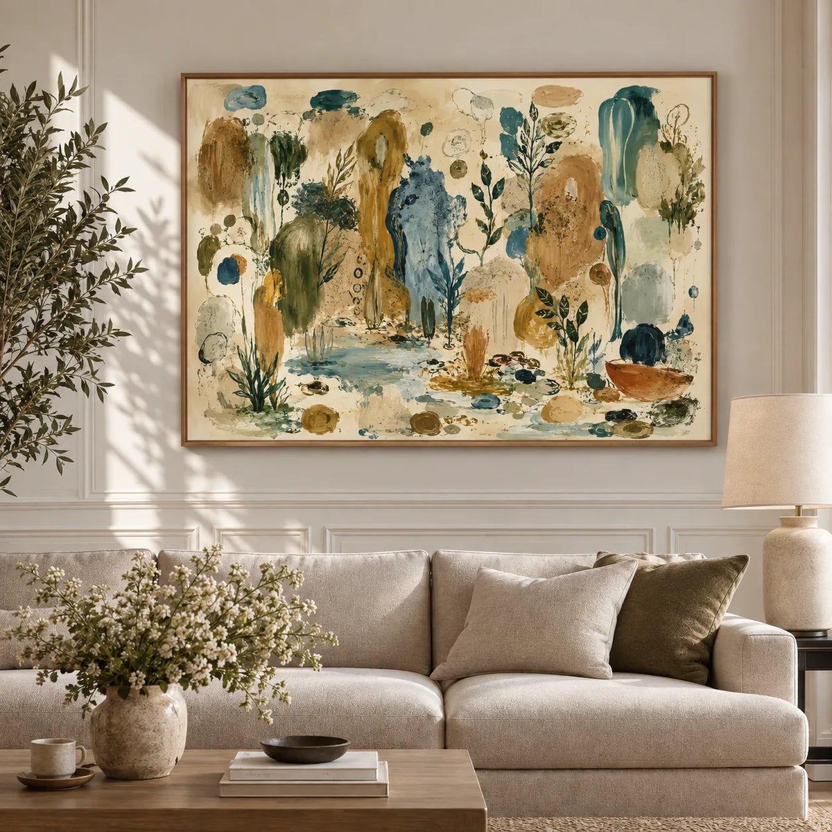 Ochre and Teal Botanical Daydream Wall Art styled interior scene 4 | Olyrel