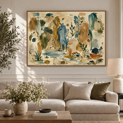 Ochre and Teal Botanical Daydream Wall Art styled interior scene 4 | Olyrel