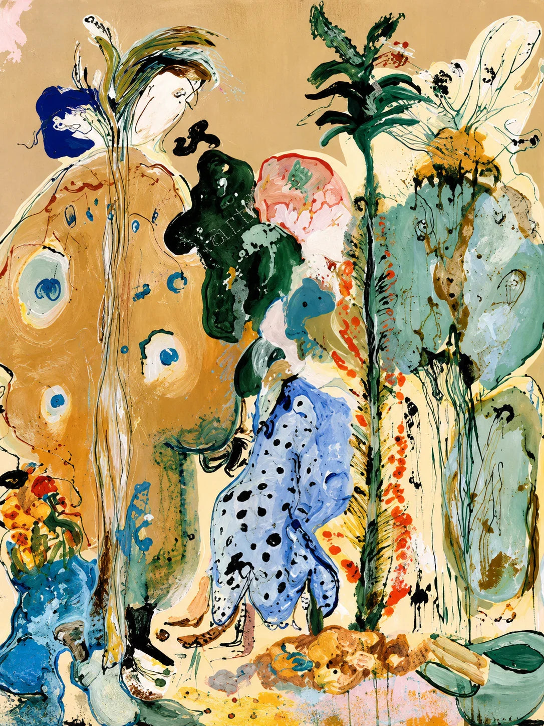Golden Stems and Blue Dots in a Wild Garden Wall Art artwork view | Olyrel