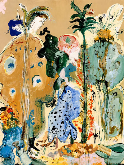 Golden Stems and Blue Dots in a Wild Garden Wall Art artwork view | Olyrel