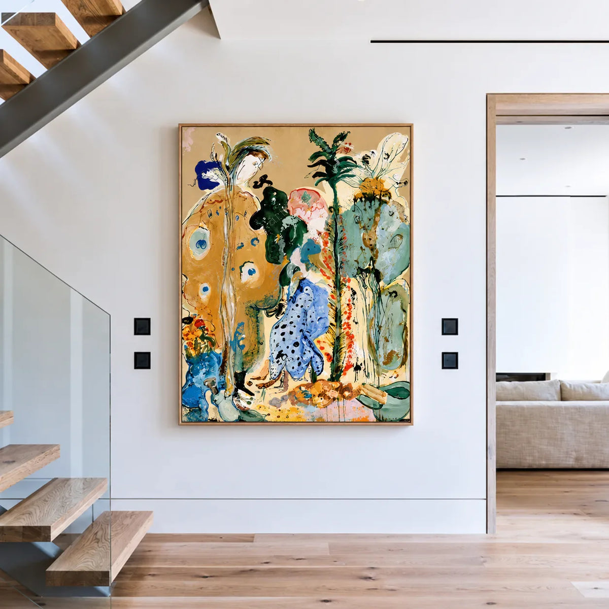 Golden Stems and Blue Dots in a Wild Garden Wall Art styled interior scene 1 | Olyrel