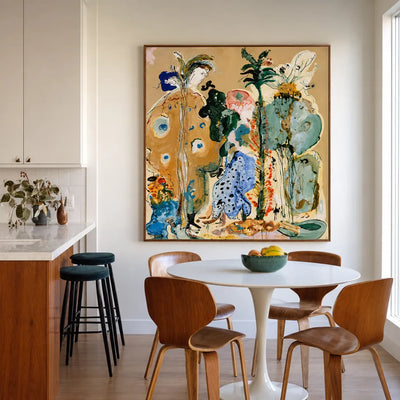 Golden Stems and Blue Dots in a Wild Garden Wall Art styled interior scene 2 | Olyrel