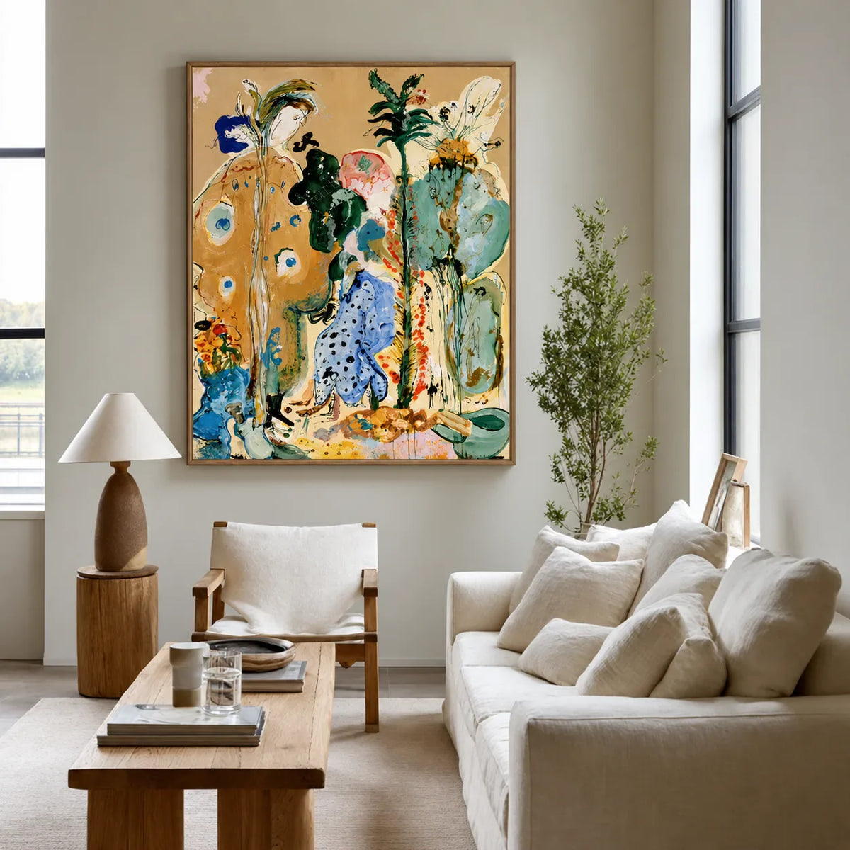Golden Stems and Blue Dots in a Wild Garden Wall Art styled interior scene 3 | Olyrel