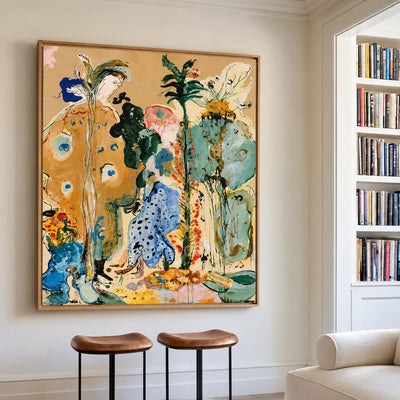 Golden Stems and Blue Dots in a Wild Garden Wall Art styled interior scene 5 | Olyrel