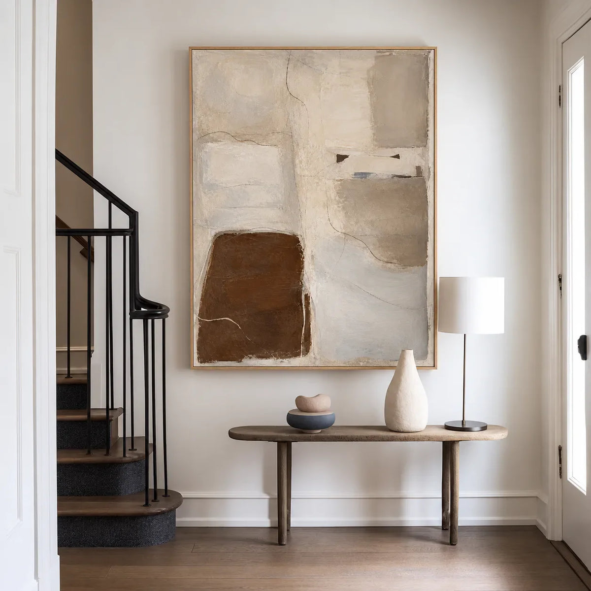 Soft Taupe Blocks with a Deep Brown Accent Wall Art styled interior scene 1 | Olyrel