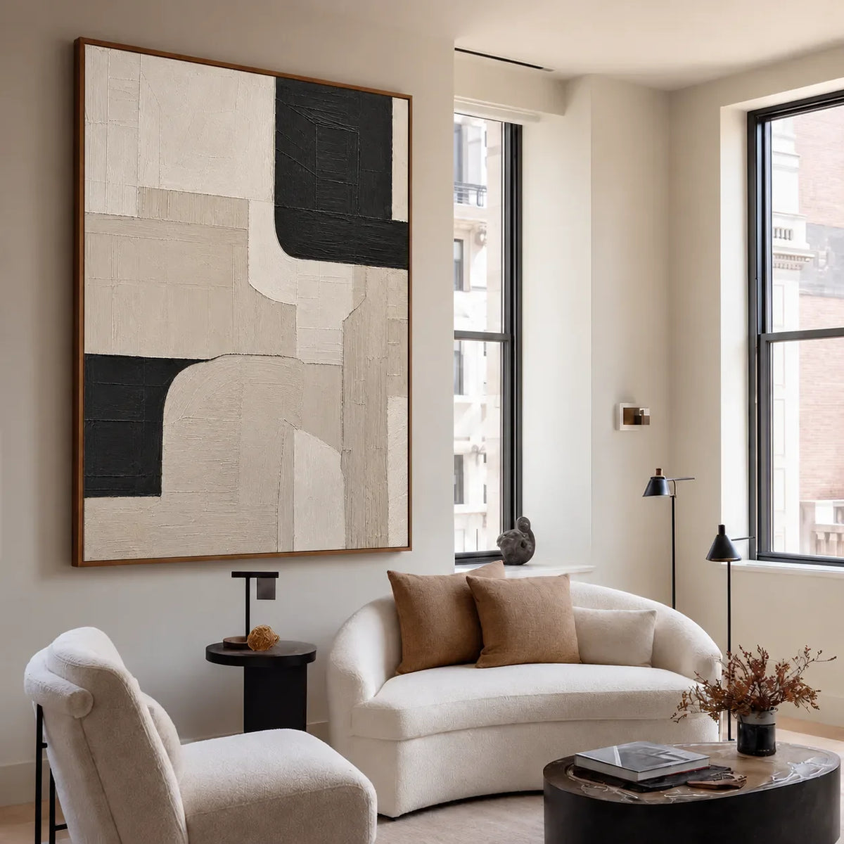 Black Corners and Cream Curves Wall Art styled interior scene 3 | Olyrel