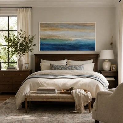 Gilded Horizon Coastal Wall Art styled in a modern living room | Olyrel
