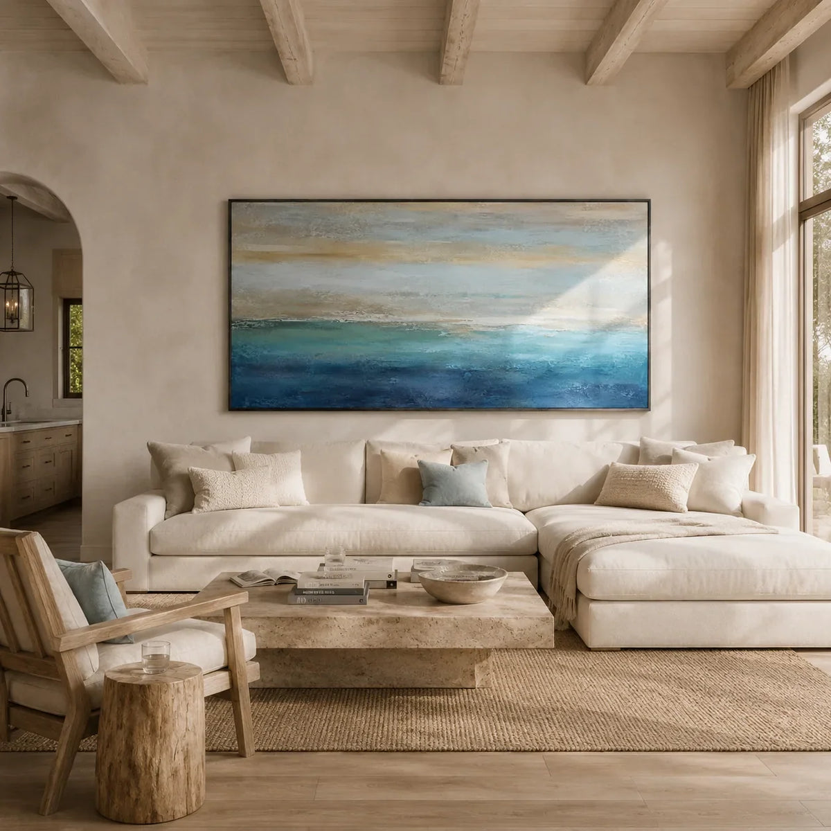 Gilded Horizon Coastal Wall Art styled in a modern living room | Olyrel
