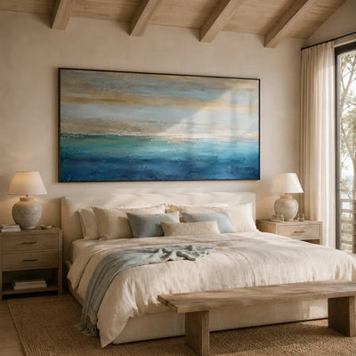 Gilded Horizon Coastal Wall Art shown in a calm bedroom setting | Olyrel