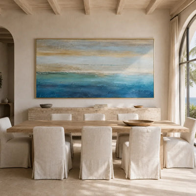 Gilded Horizon Coastal Wall Art displayed in a bright dining room | Olyrel