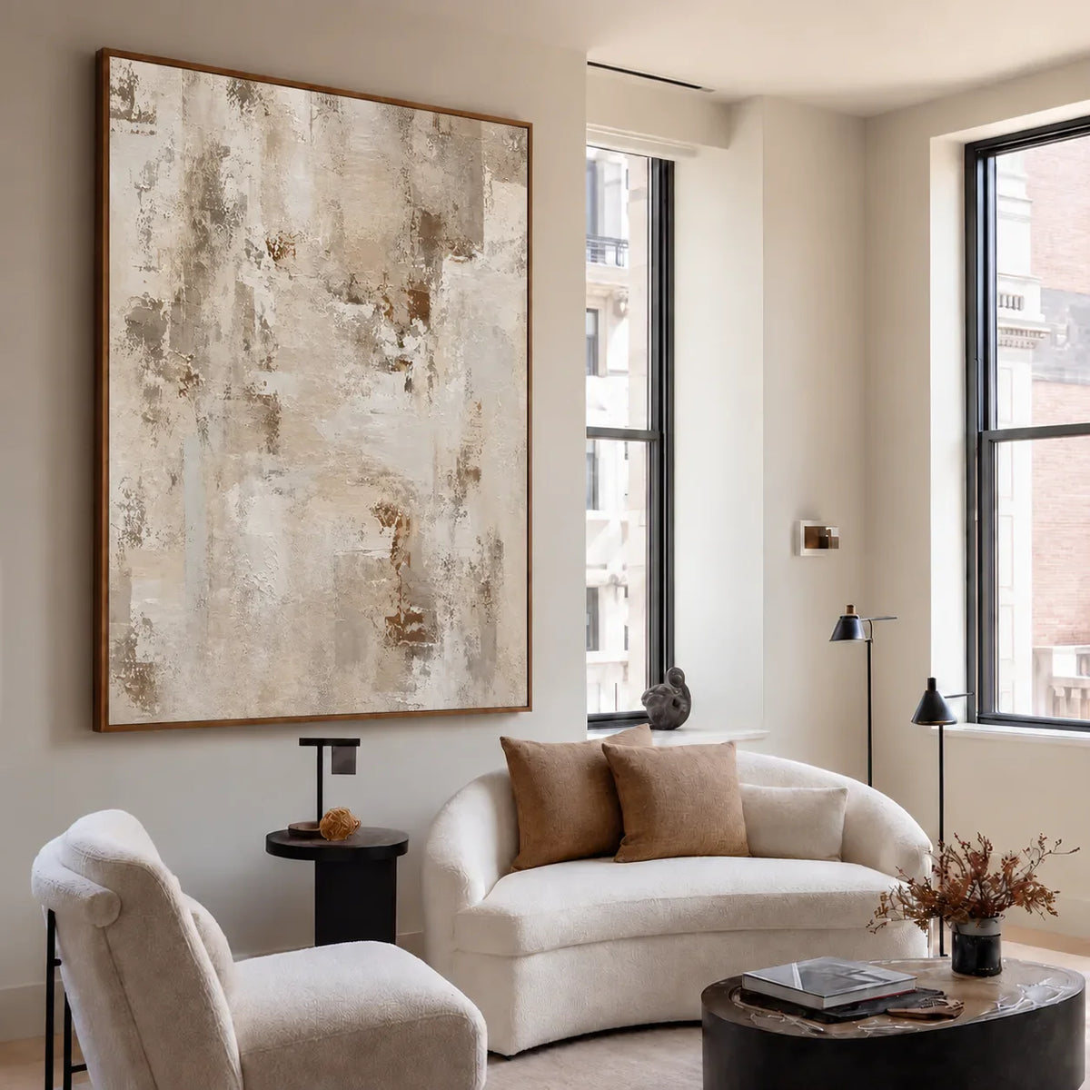 Weathered Cream and Warm Taupe Layers Wall Art styled interior scene 2 | Olyrel