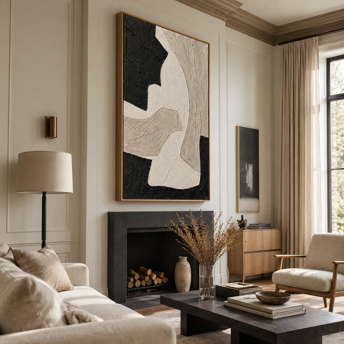 Sweeping Ivory Forms on Textured Black Wall Art styled interior scene 5 | Olyrel