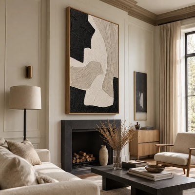 Sweeping Ivory Forms on Textured Black Wall Art styled interior scene 5 | Olyrel