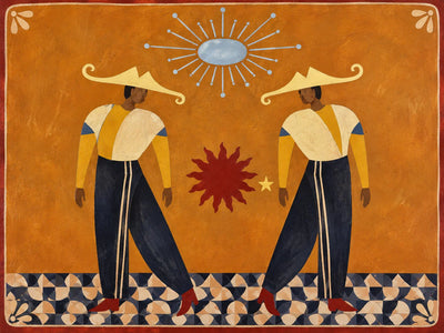 Golden Hat Dancers Beneath a Blue Sun Wall Art artwork view | Olyrel