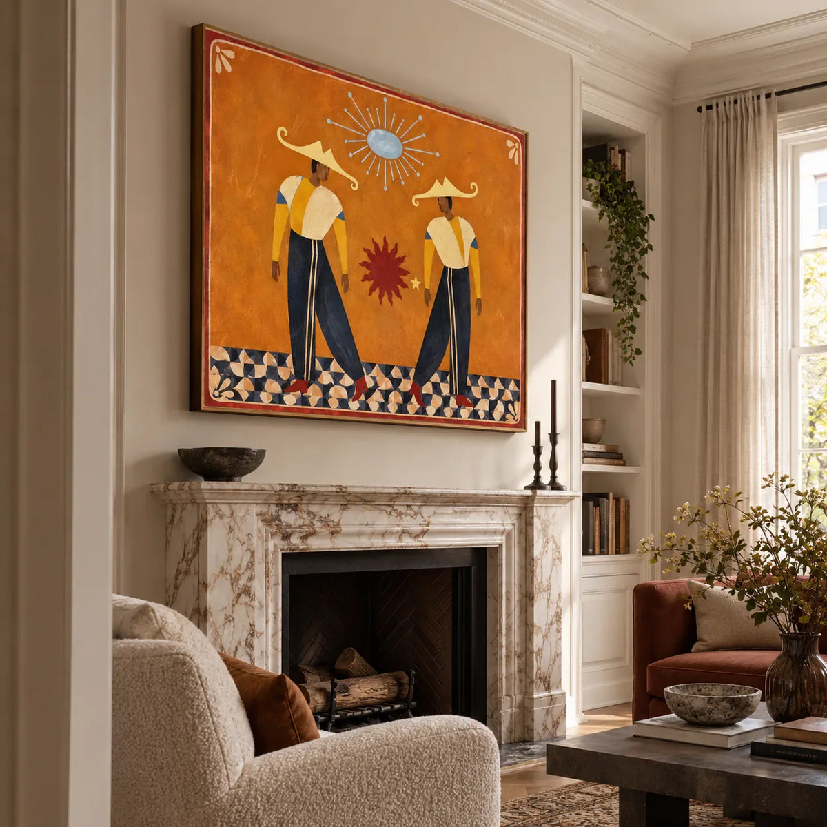Golden Hat Dancers Beneath a Blue Sun Wall Art styled interior scene 1 | Olyrel