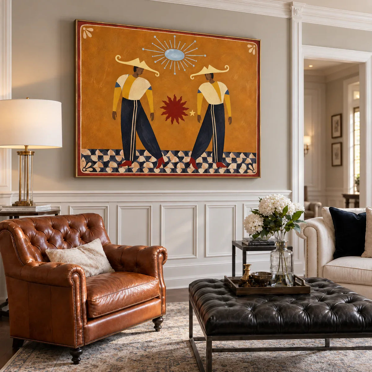 Golden Hat Dancers Beneath a Blue Sun Wall Art styled interior scene 3 | Olyrel