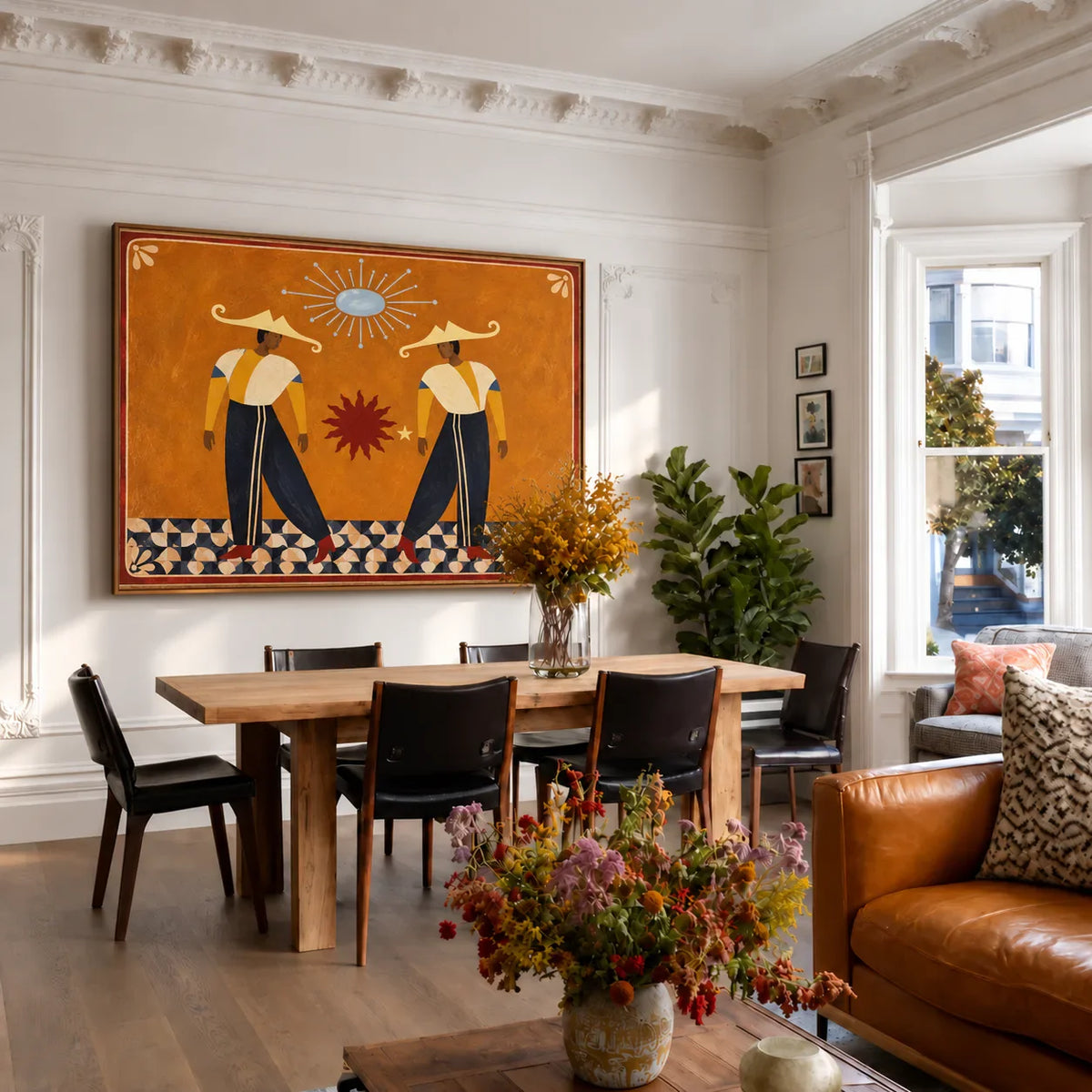 Golden Hat Dancers Beneath a Blue Sun Wall Art styled interior scene 4 | Olyrel
