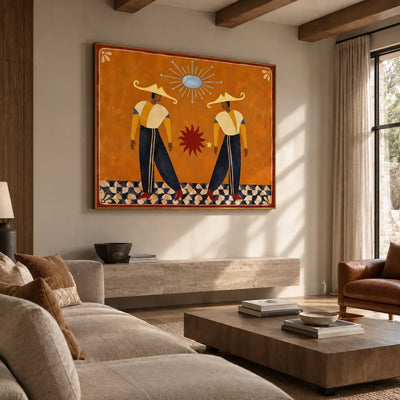 Golden Hat Dancers Beneath a Blue Sun Wall Art styled interior scene 5 | Olyrel