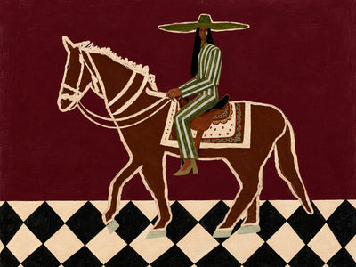 Green Striped Rider on a Burgundy Ground Wall Art artwork view | Olyrel