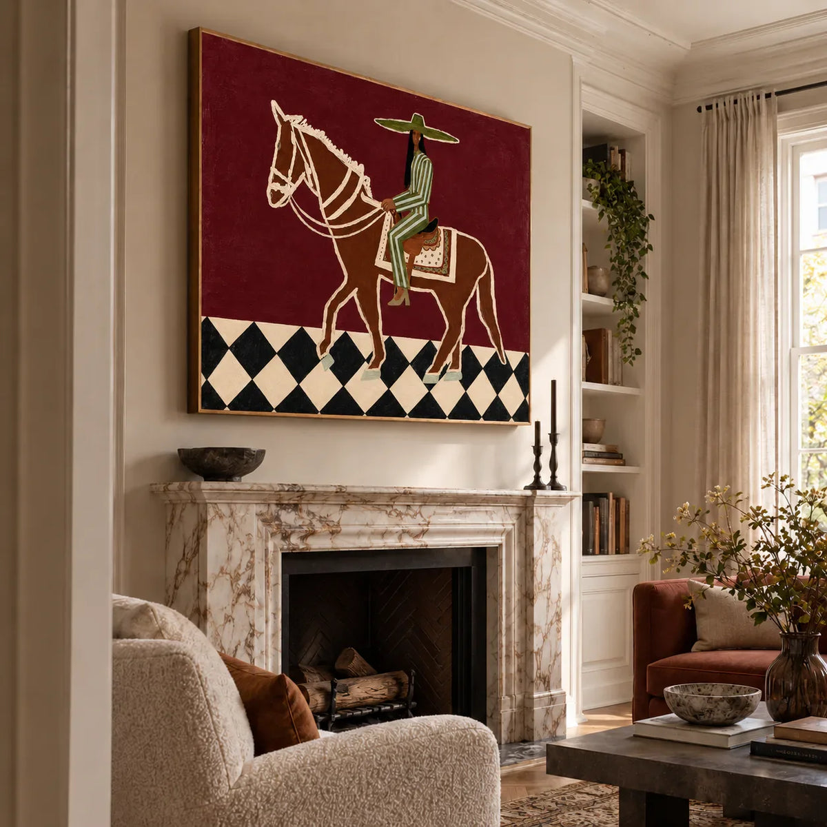 Green Striped Rider on a Burgundy Ground Wall Art styled interior scene 1 | Olyrel