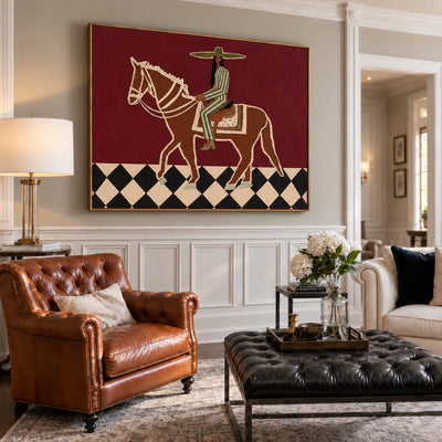 Green Striped Rider on a Burgundy Ground Wall Art styled interior scene 3 | Olyrel