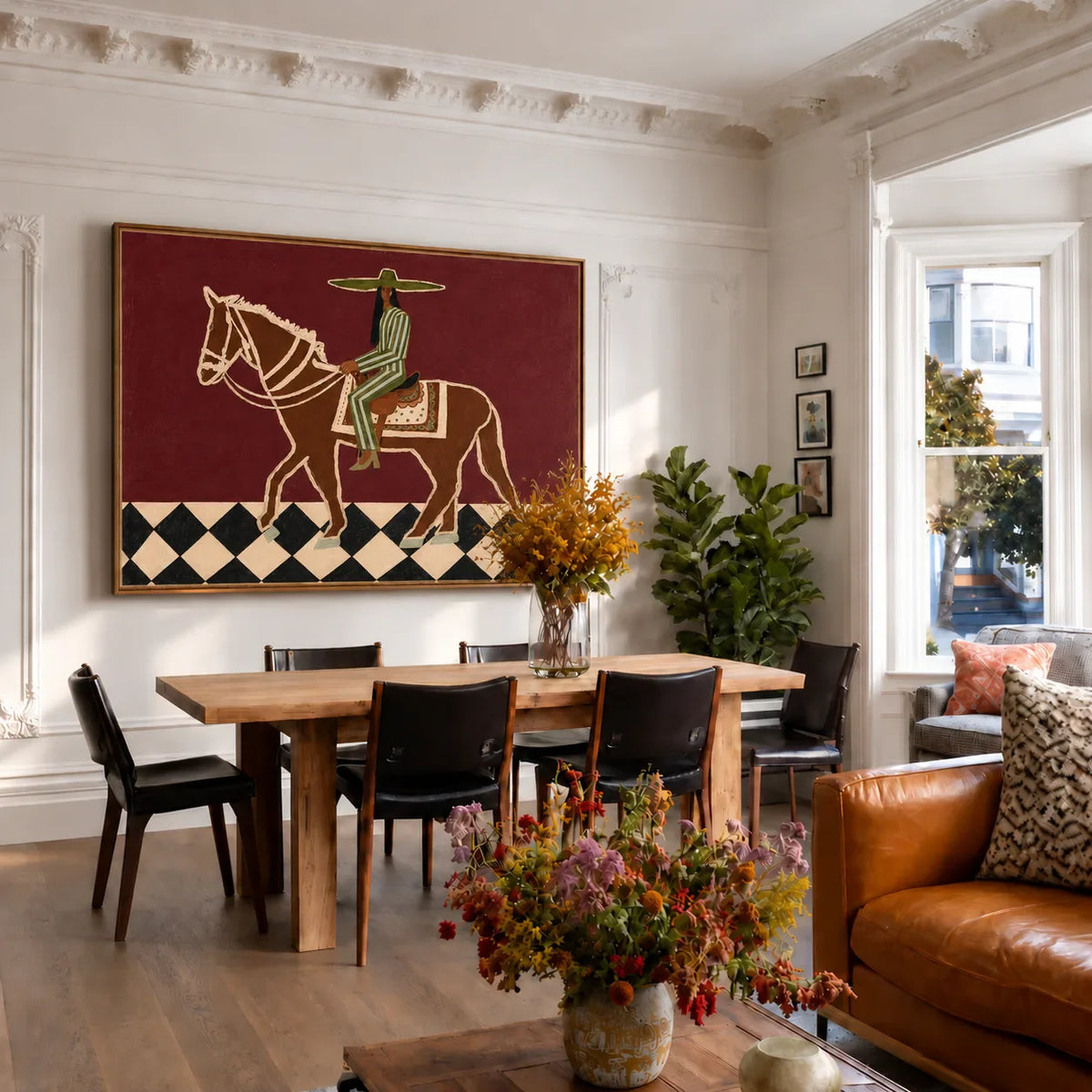 Green Striped Rider on a Burgundy Ground Wall Art styled interior scene 4 | Olyrel
