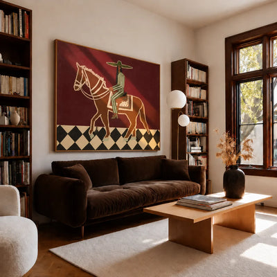 Green Striped Rider on a Burgundy Ground Wall Art styled interior scene 5 | Olyrel