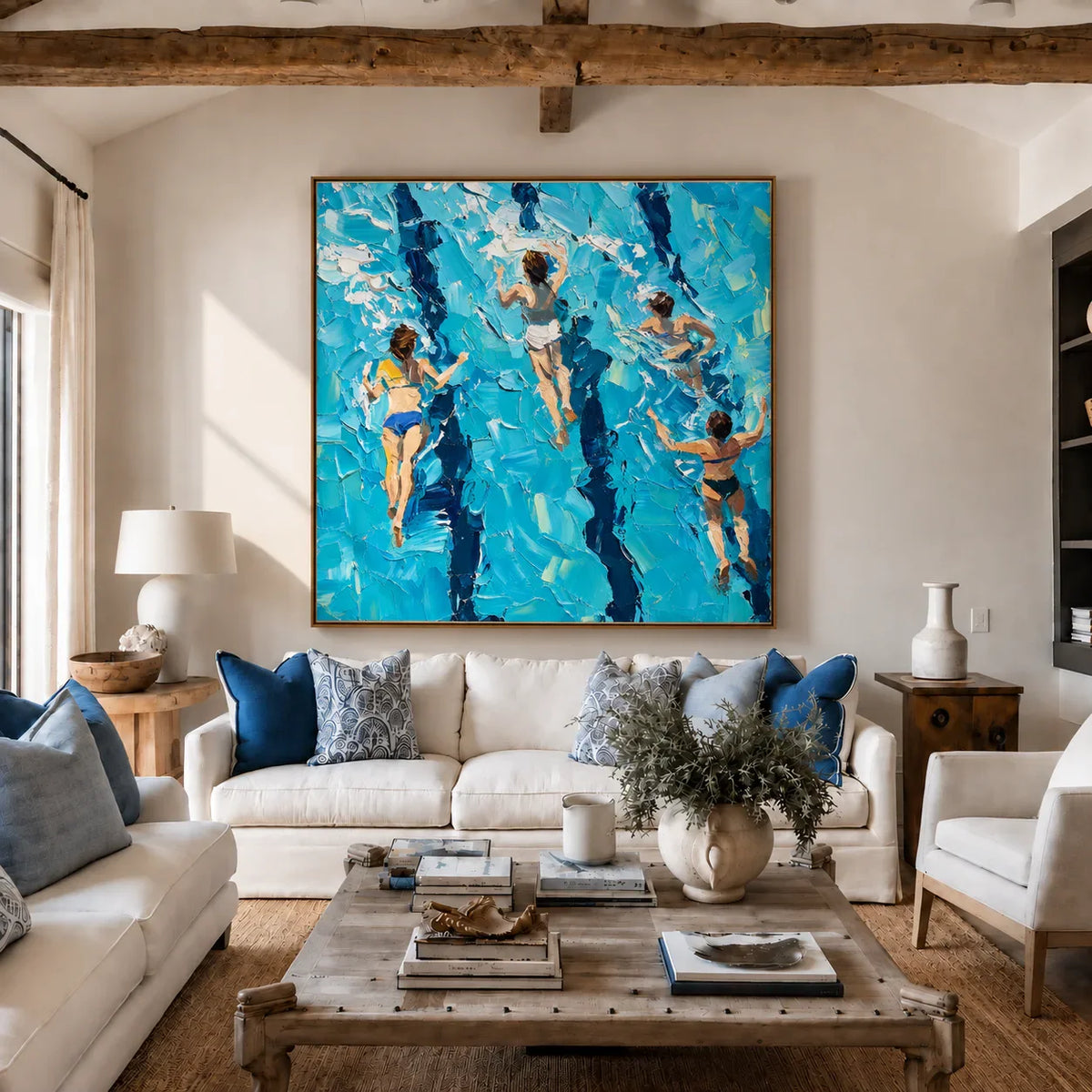 Four Swimmers in Brilliant Turquoise Water Wall Art styled interior scene 1 | Olyrel