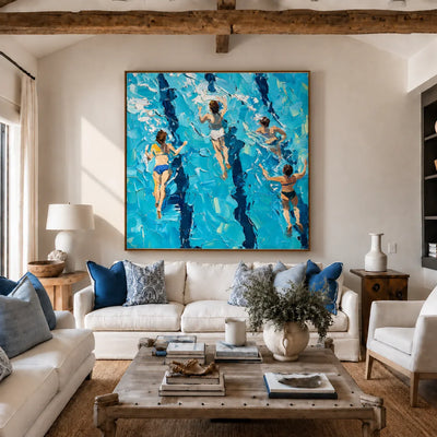 Four Swimmers in Brilliant Turquoise Water Wall Art styled interior scene 1 | Olyrel