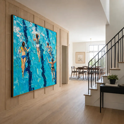 Four Swimmers in Brilliant Turquoise Water Wall Art styled interior scene 3 | Olyrel