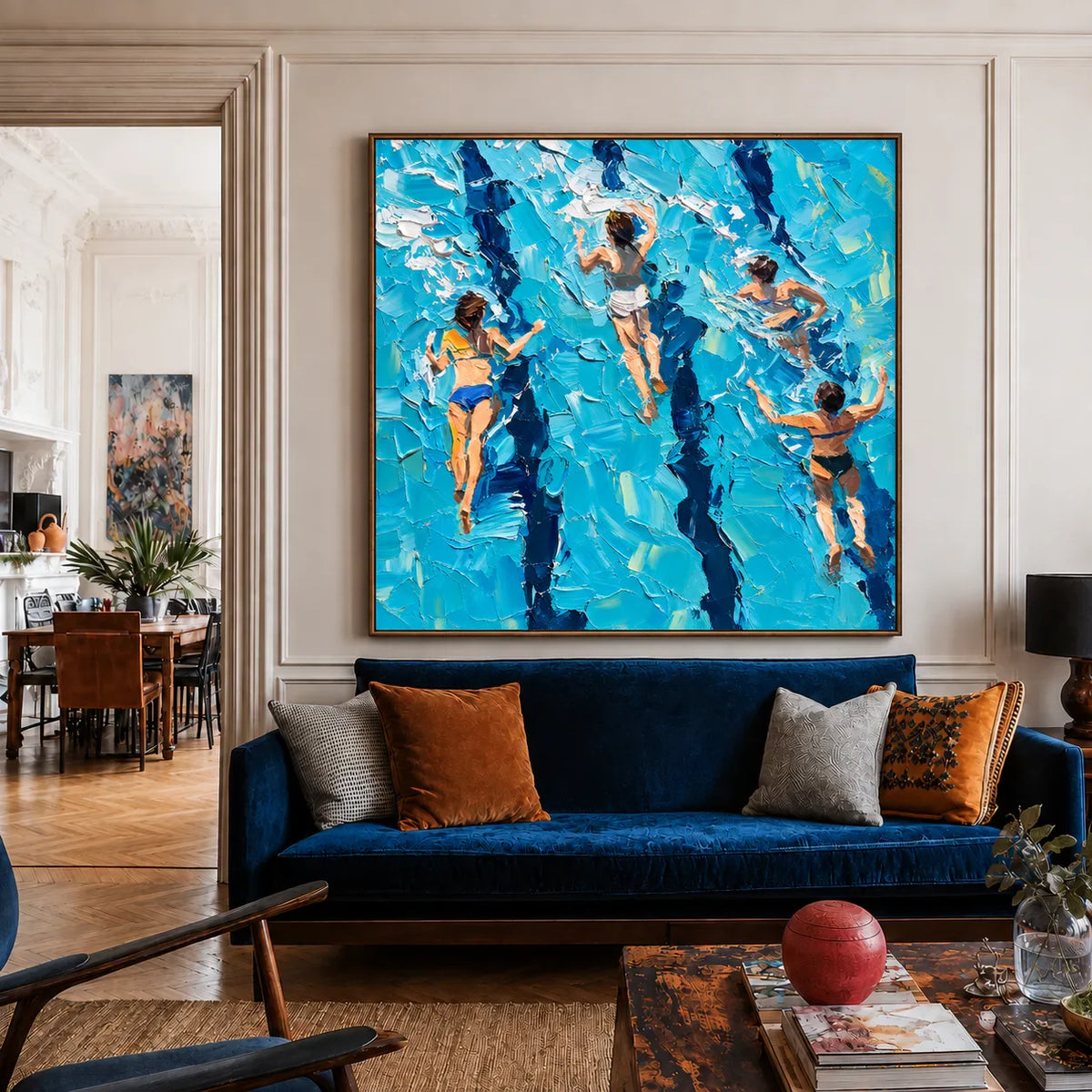 Four Swimmers in Brilliant Turquoise Water Wall Art styled interior scene 4 | Olyrel