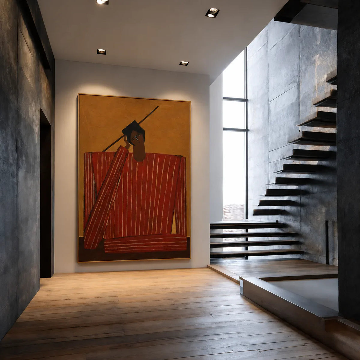 Quiet Figure in Red Stripes and Ochre Wall Art styled interior scene 1 | Olyrel