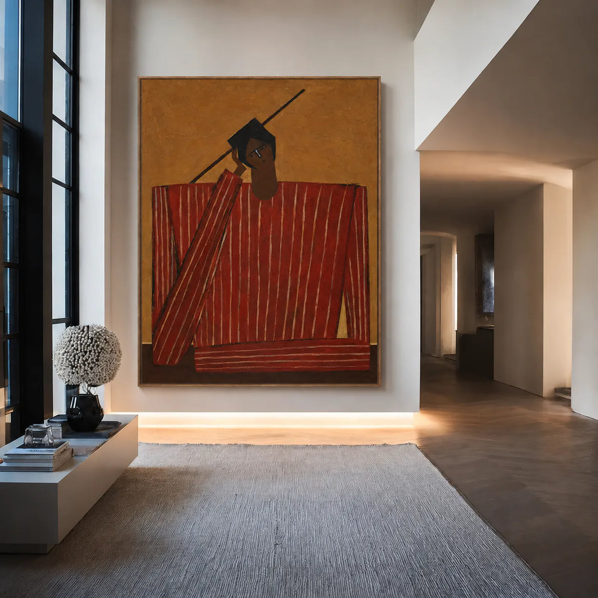 Quiet Figure in Red Stripes and Ochre Wall Art styled interior scene 3 | Olyrel